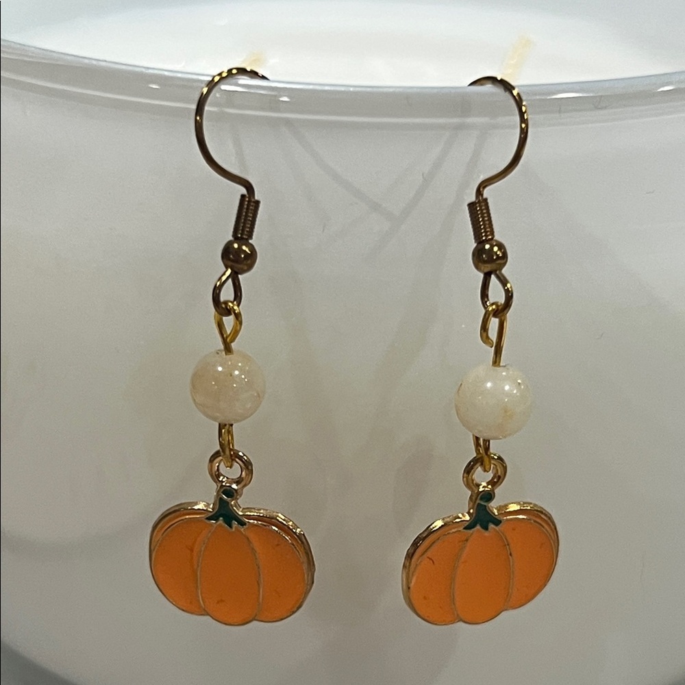 Pumpkin Drop Earrings Jade Stone Accent Cottagecore Gold Tone Statement Jewelry
